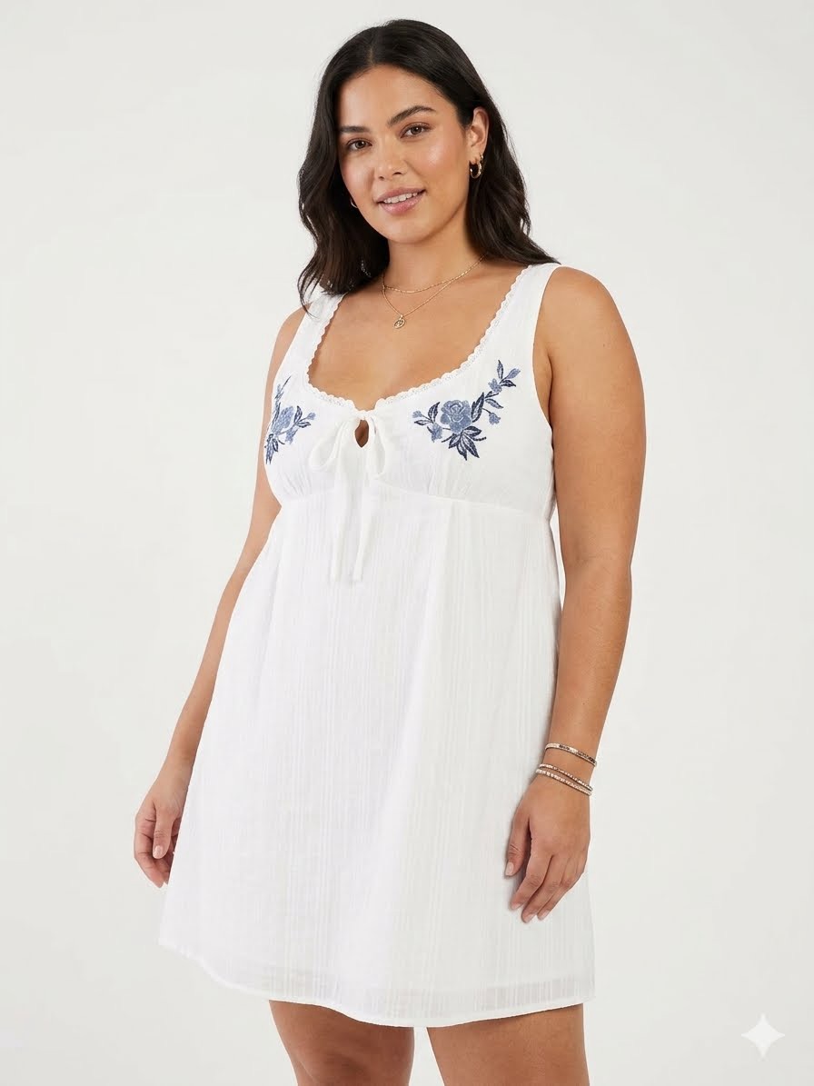 Altar'd State 100% Cotton White Sleeveless Mini Dress With Blue Floral Embroider